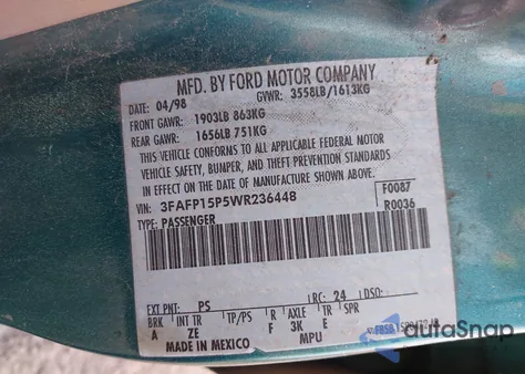 1998 Ford Escort Se из США, поврежденный, VIN 3FAFP15P5WR236448